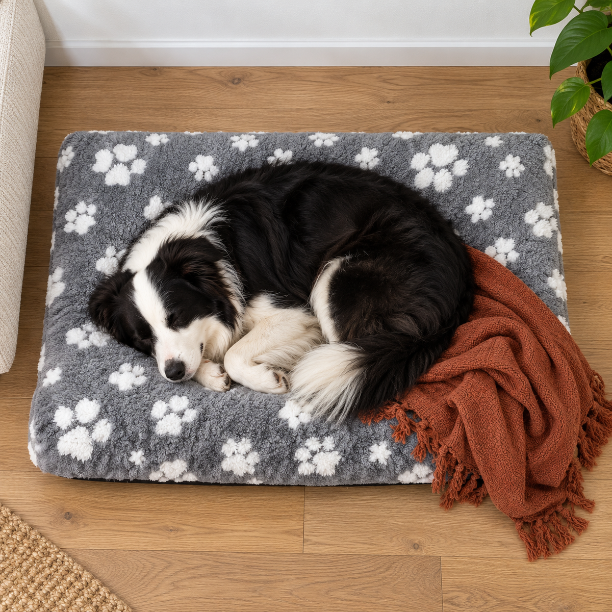 Yaning XL Fluffy Dog Crate Bed with Removable Washable Cover – Grey Paw — Sleeping dog with blanket
