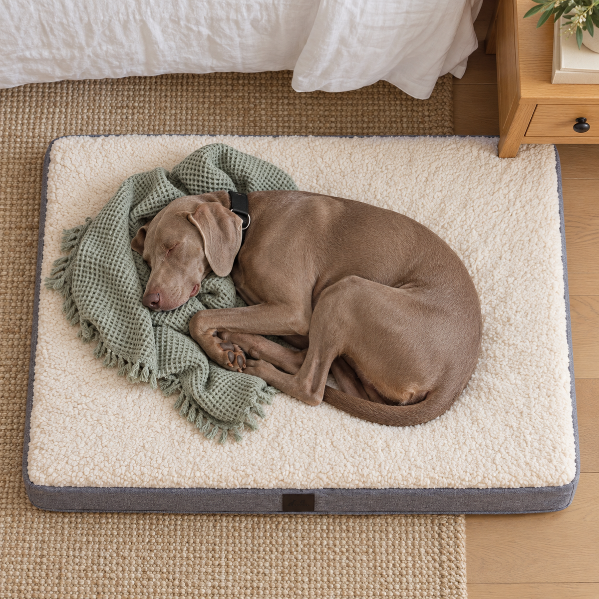DaysU XL Orthopedic Egg-Crate Foam Dog Bed with Removable Washable Cover – Grey — Sleeping dog with blanket