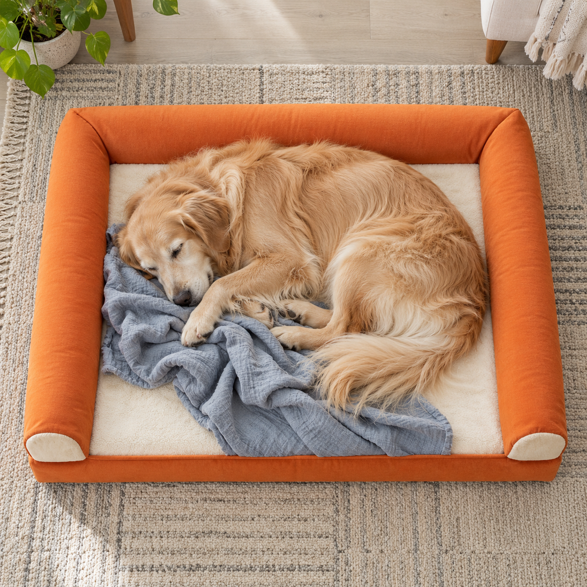 BFPETHOME XL Egg-Crate Foam Dog Sofa Bed with Washable Cover & Waterproof Lining — Sleeping dog with blanket