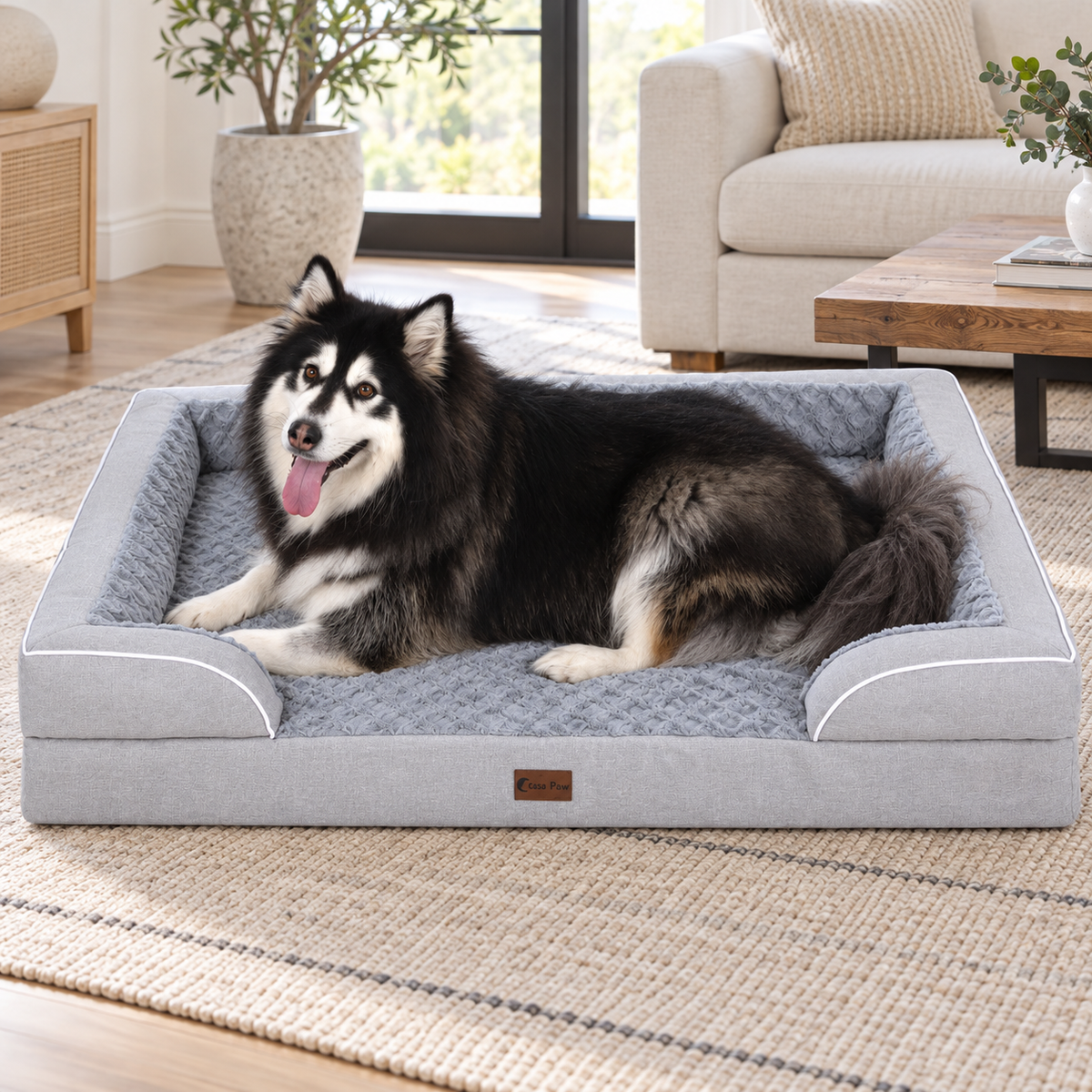 Casa Paw XXL Cooling Memory Foam Bolster Dog Bed with Waterproof Lining & Washable Cover – Light Grey — Natural home setting