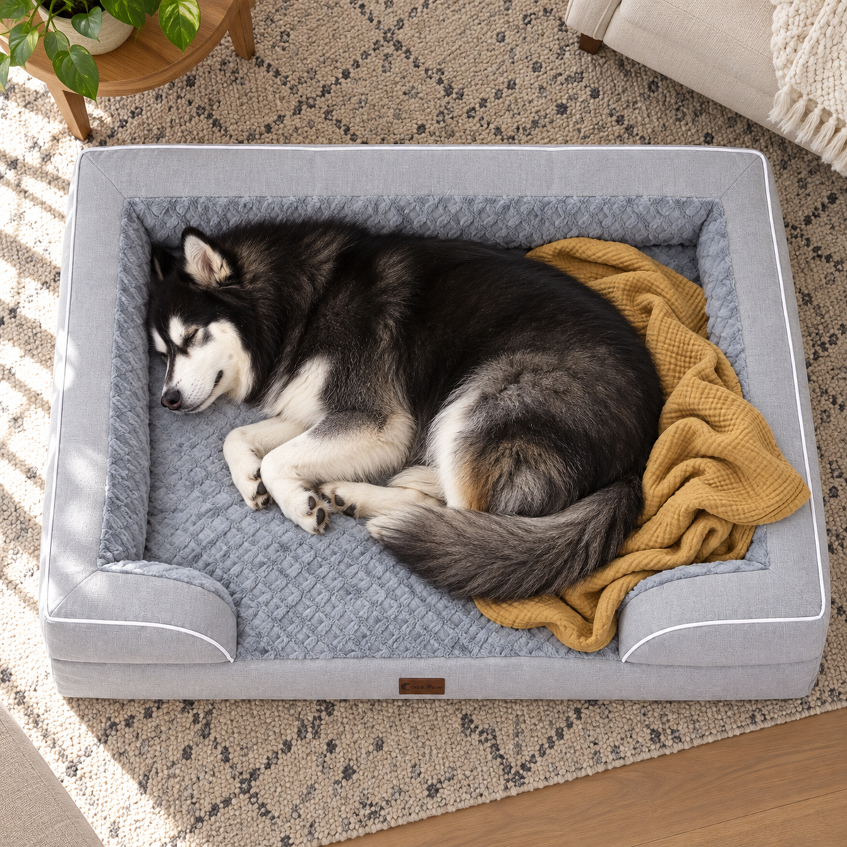 Casa Paw XXL Cooling Memory Foam Bolster Dog Bed with Waterproof Lining & Washable Cover – Light Grey — Sleeping dog with blanket