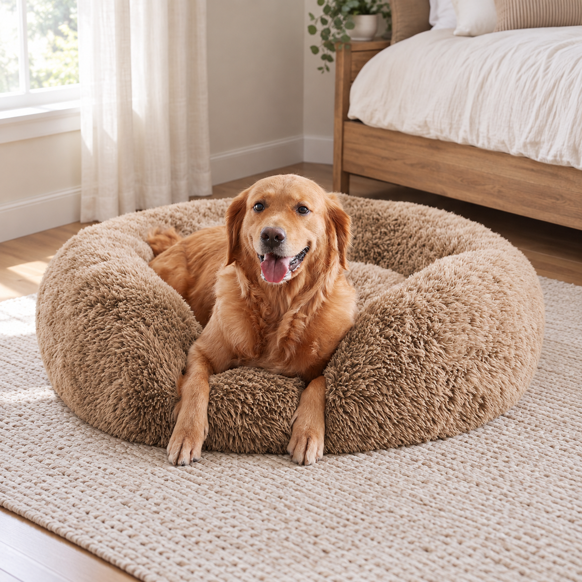 URGVANZ PET 34-Inch Fluffy Faux Fur Donut Dog Bed – Washable, Up to 80 lbs — Natural home setting