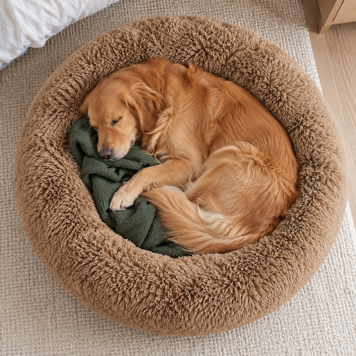 URGVANZ PET 34-Inch Fluffy Faux Fur Donut Dog Bed – Washable, Up to 80 lbs — Sleeping dog with blanket