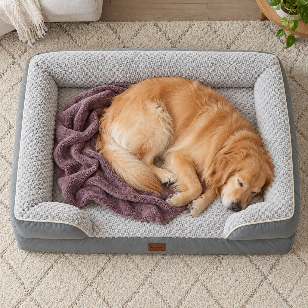 LNSSFFER Orthopedic Egg-Crate Foam Dog Sofa Bed with Removable Washable Cover – Grey — Sleeping dog with blanket