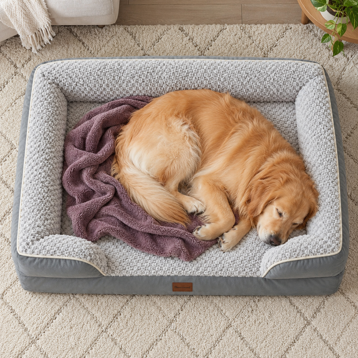 LNSSFFER Orthopedic Egg-Crate Foam Dog Sofa Bed with Removable Washable Cover – Grey — Sleeping dog with blanket
