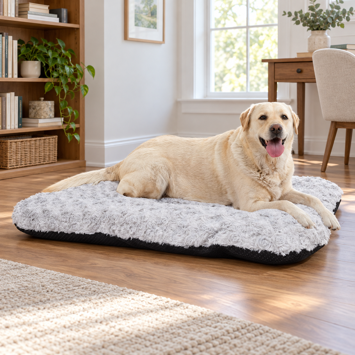 Large Fluffy Velvet Dog Crate Mat with Non-Slip Base – Washable, Grey — Natural home setting