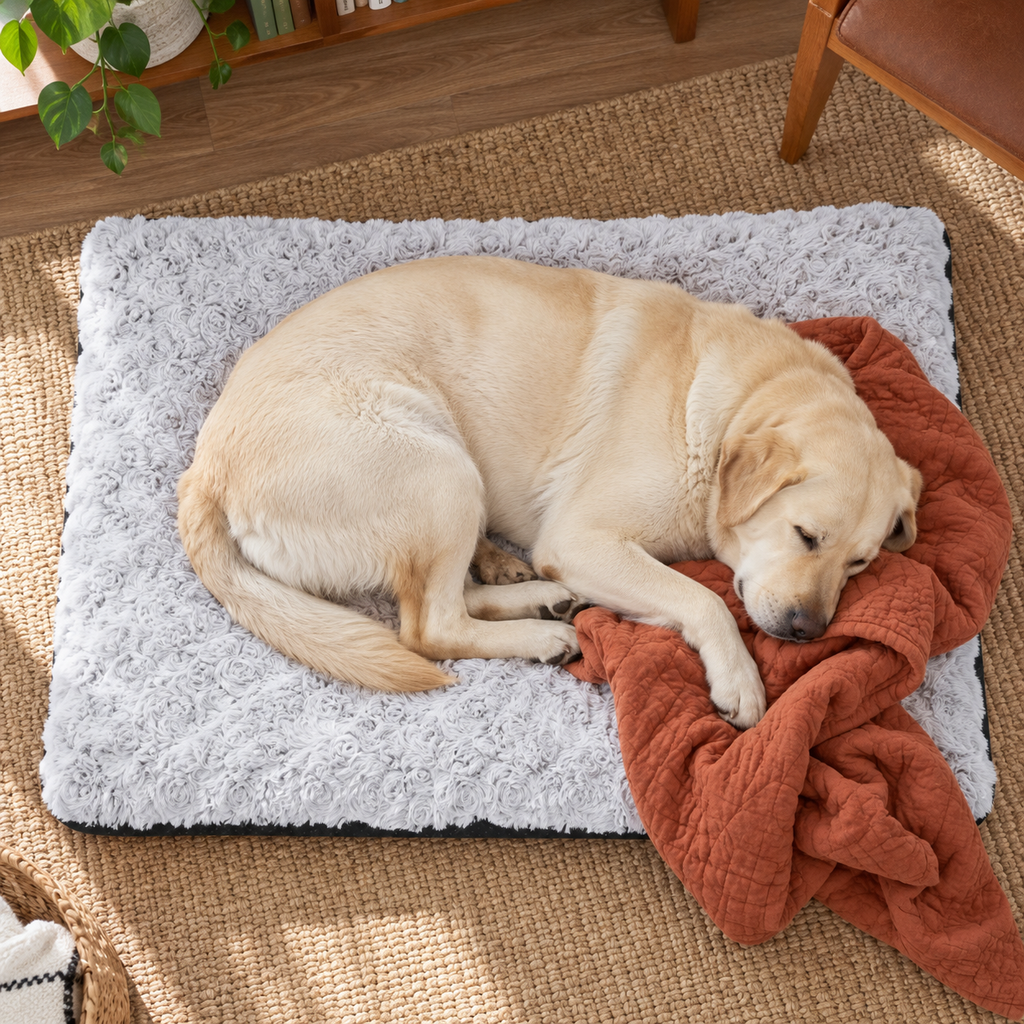 Large Fluffy Velvet Dog Crate Mat with Non-Slip Base – Washable, Grey — Sleeping dog with blanket