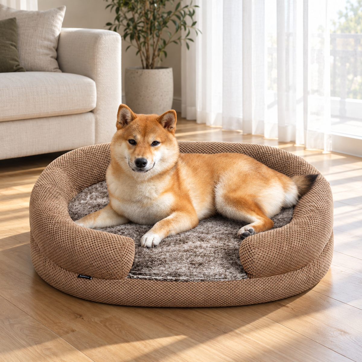 Small Round Memory Foam Dog & Cat Bed with Bolstered Sides & Removable Washable Cover — Natural home setting