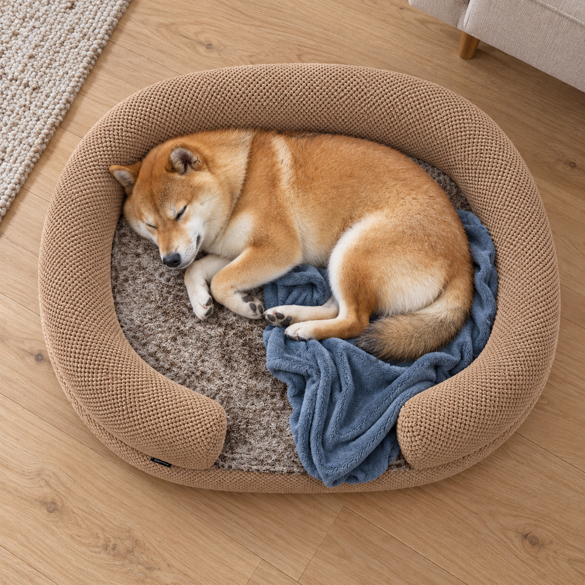 Small Round Memory Foam Dog & Cat Bed with Bolstered Sides & Removable Washable Cover — Sleeping dog with blanket