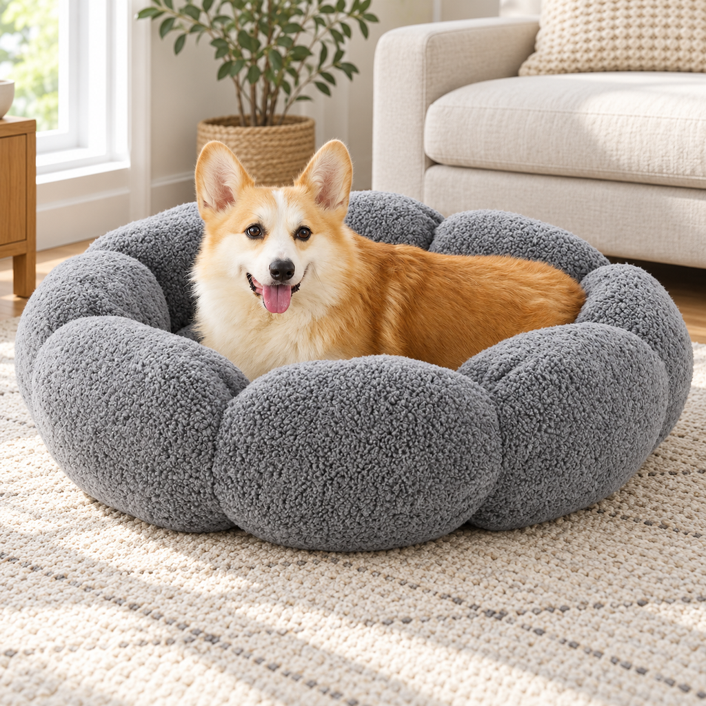 Lesure 36-Inch Flower Donut Dog Bed in Plush Teddy Sherpa – Machine Washable, Grey — Natural home setting