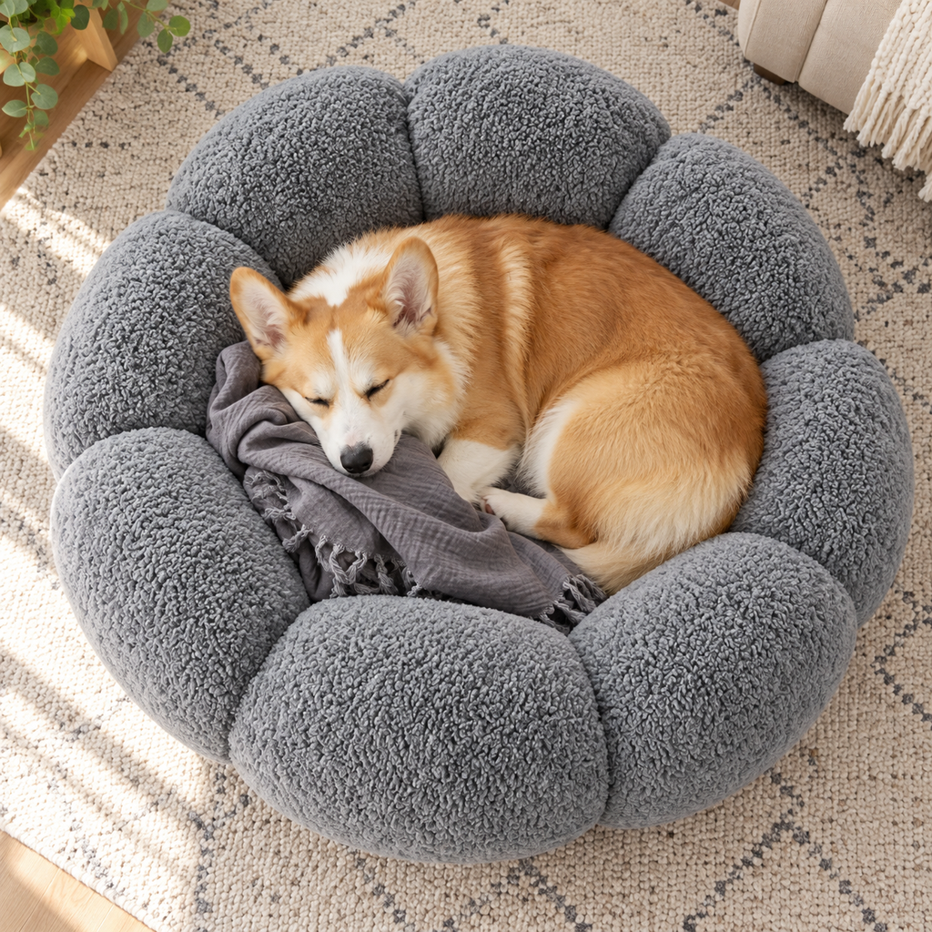 Lesure 36-Inch Flower Donut Dog Bed in Plush Teddy Sherpa – Machine Washable, Grey — Sleeping dog with blanket