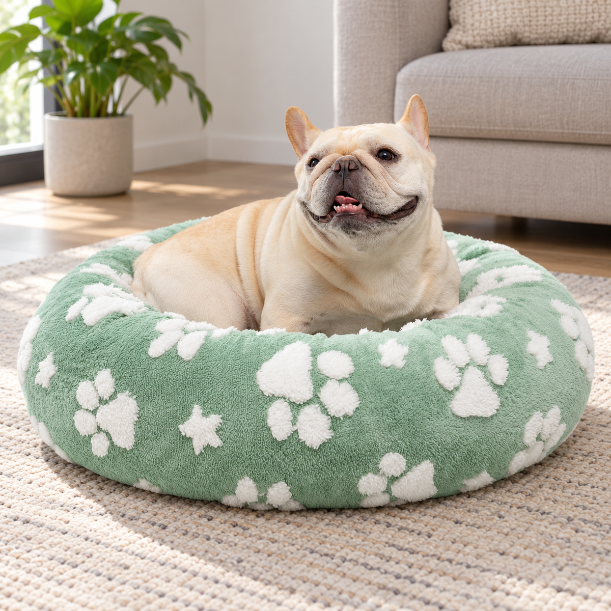 Yaning 23-Inch Donut Dog & Cat Bed with 3D Paw Texture & Removable Washable Cover – Green — Natural home setting