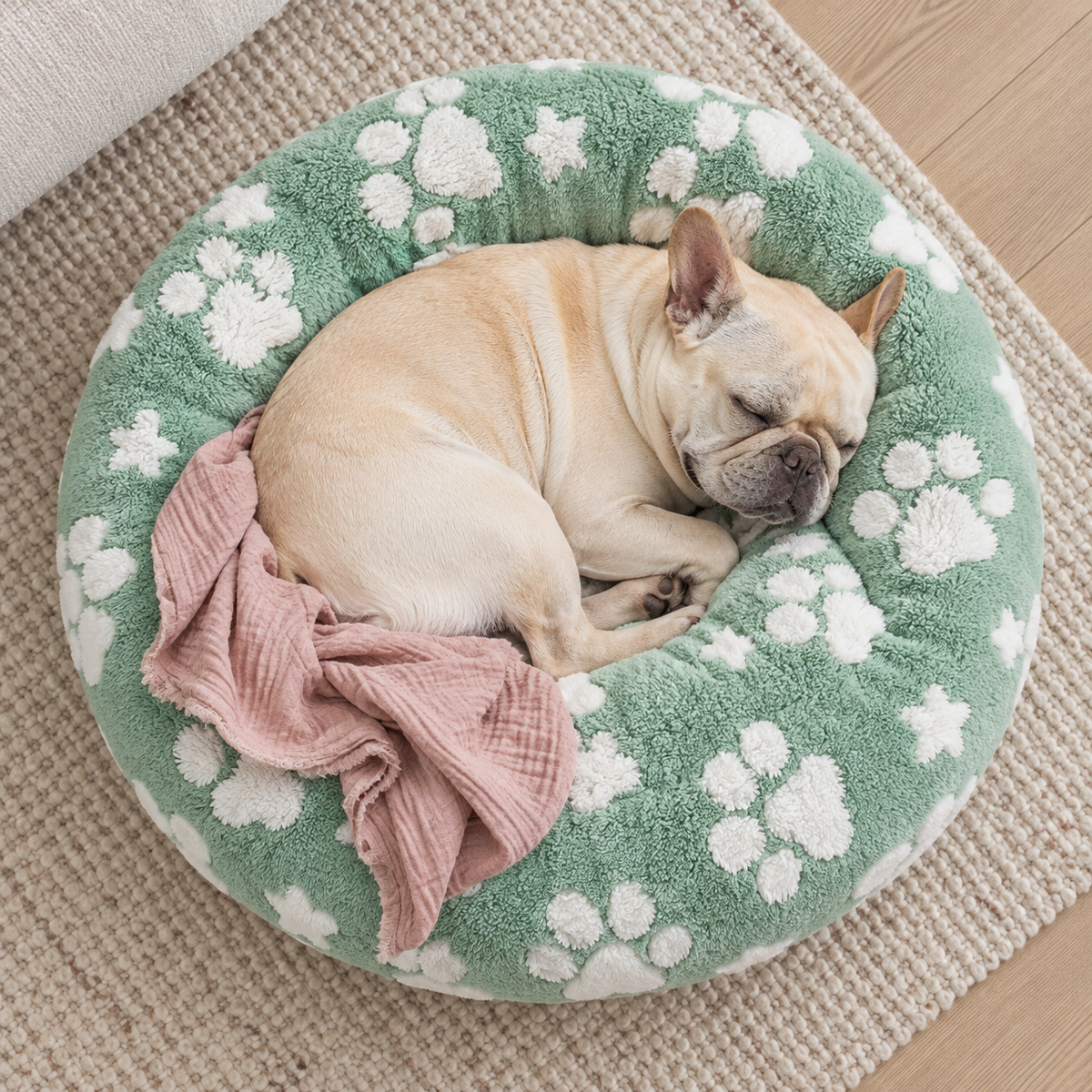 Yaning 23-Inch Donut Dog & Cat Bed with 3D Paw Texture & Removable Washable Cover – Green — Sleeping dog with blanket
