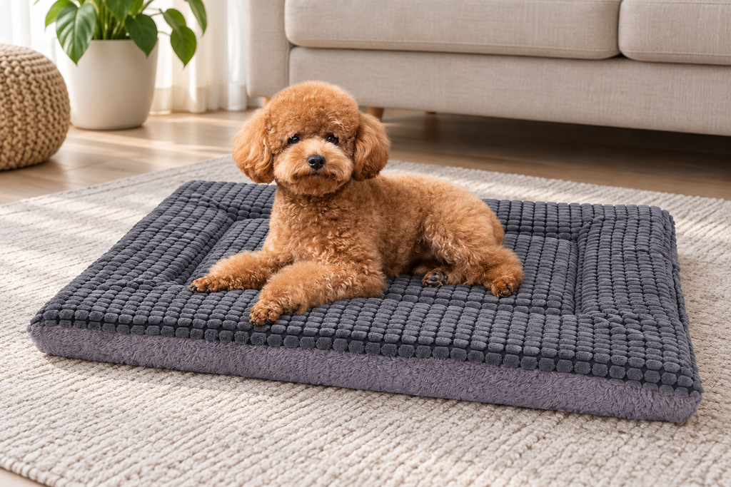 BVAGSS Reversible Memory Foam Dog Crate Mat – Washable, Light Grey — Natural home setting