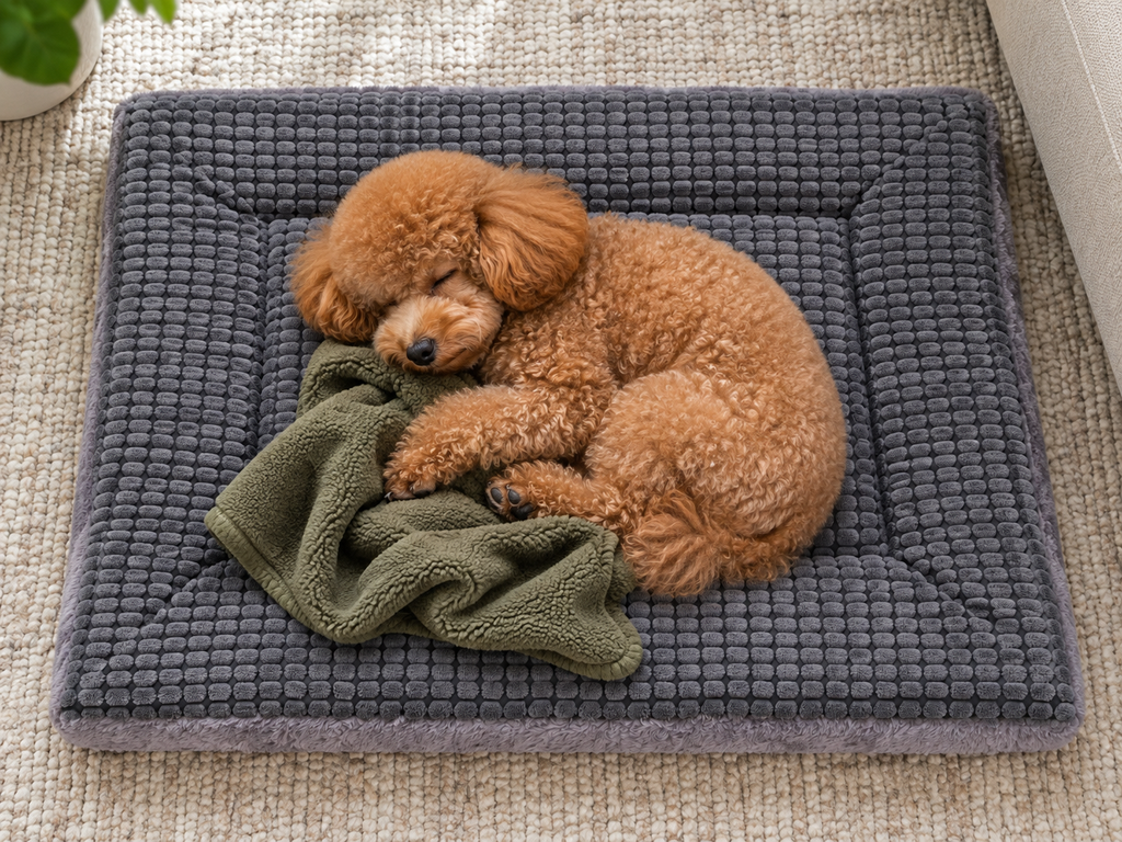 BVAGSS Reversible Memory Foam Dog Crate Mat – Washable, Light Grey — Sleeping dog with blanket
