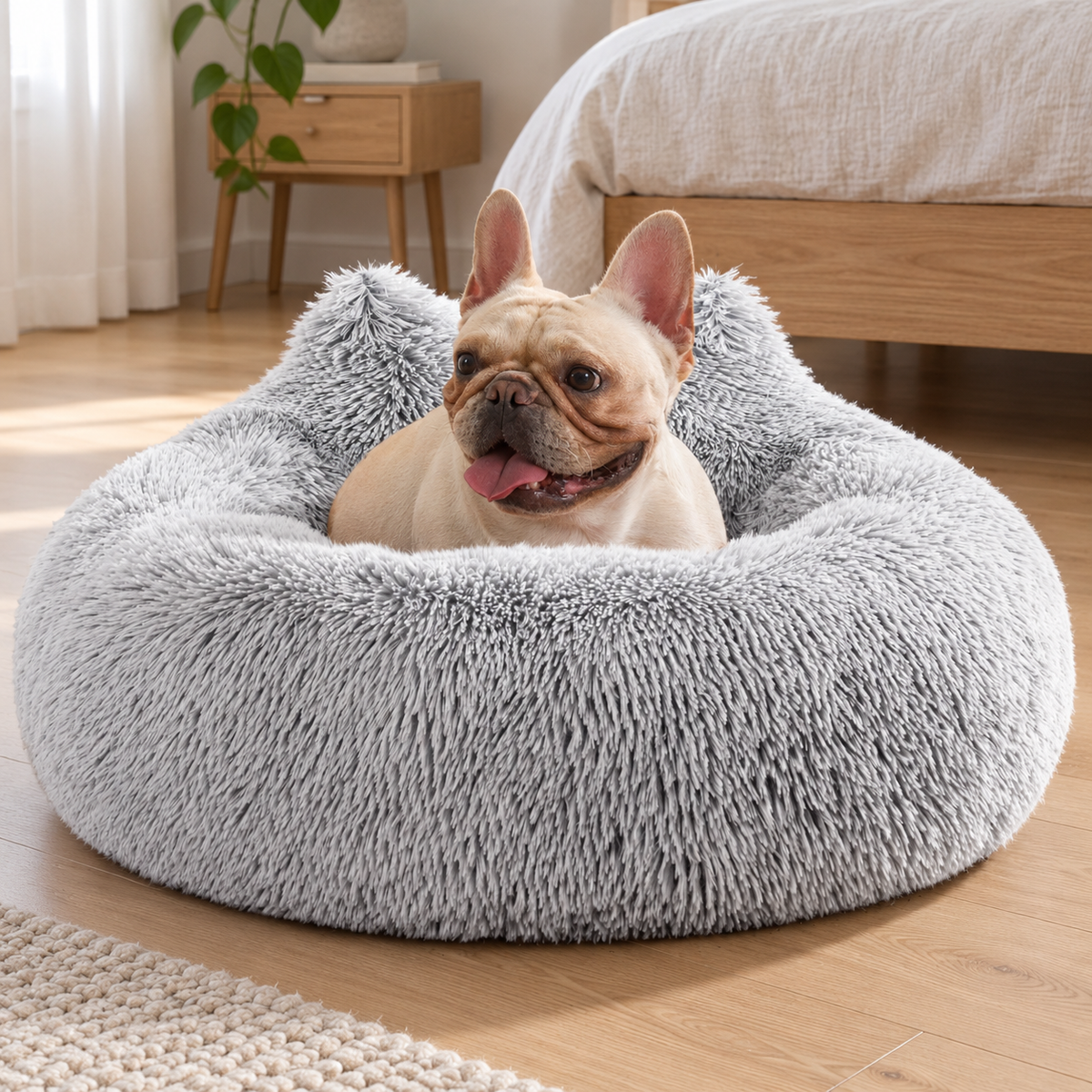Westen Home 27-Inch Fluffy Donut Dog Bed with Non-Slip Base – Washable, Light Grey — Natural home setting