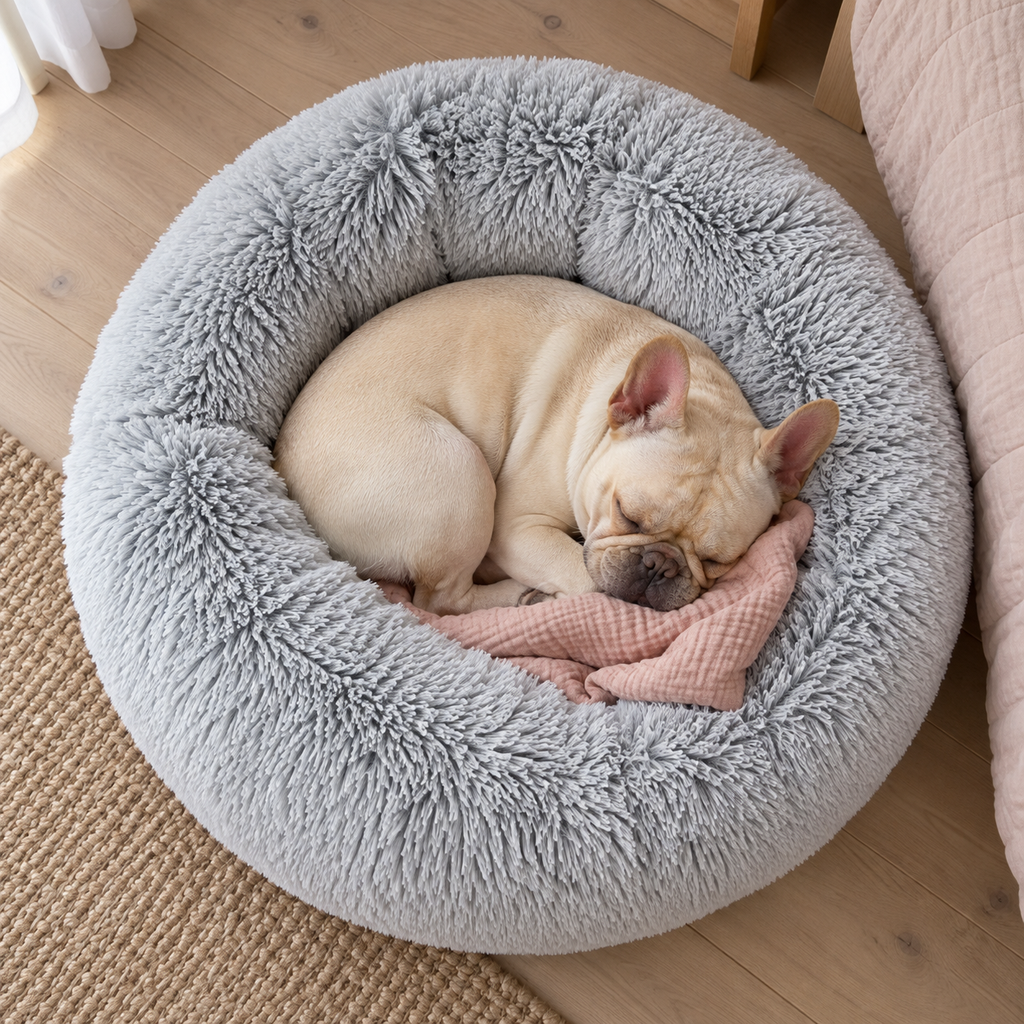Westen Home 27-Inch Fluffy Donut Dog Bed with Non-Slip Base – Washable, Light Grey — Sleeping dog with blanket