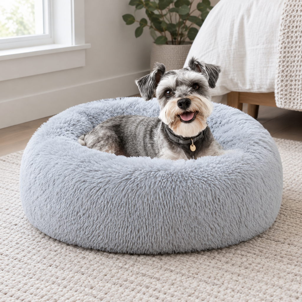 ELSKER&HOME Calming Dog & Cat BedDonut Washable Warming Soft Round 23 inches Dog Beds for Small DogsAnti-Anxiety Fluffy Plush Cushion Bed Fits up to 25 lbs Pets — Natural home setting