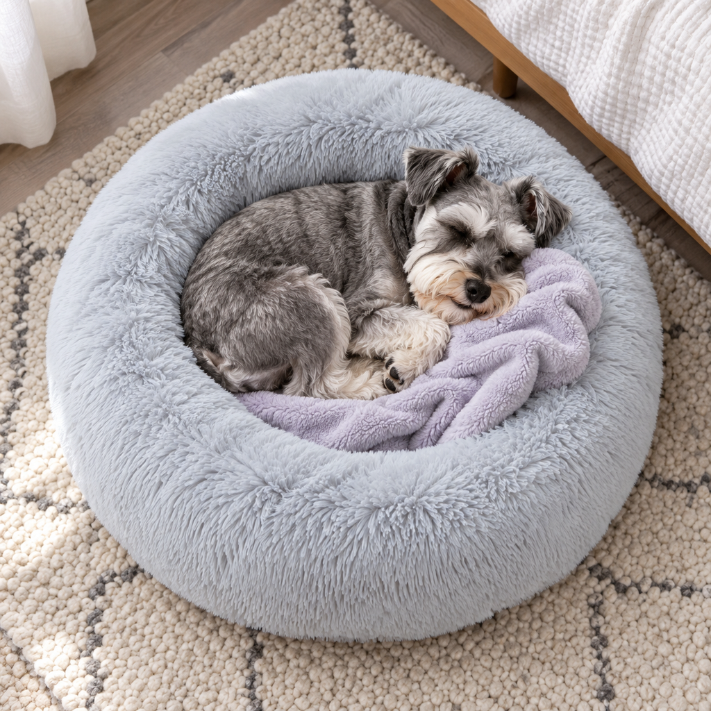 ELSKER&HOME Calming Dog & Cat BedDonut Washable Warming Soft Round 23 inches Dog Beds for Small DogsAnti-Anxiety Fluffy Plush Cushion Bed Fits up to 25 lbs Pets — Sleeping dog with blanket