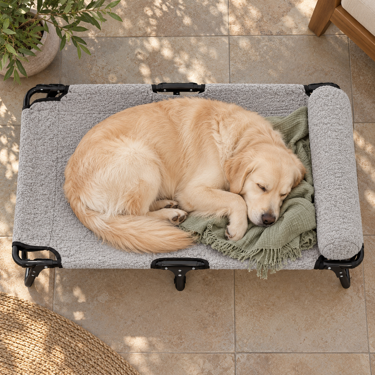 Product Name: ABE XL Elevated Cooling Dog Cot for Outdoor Use — Sleeping dog with blanket