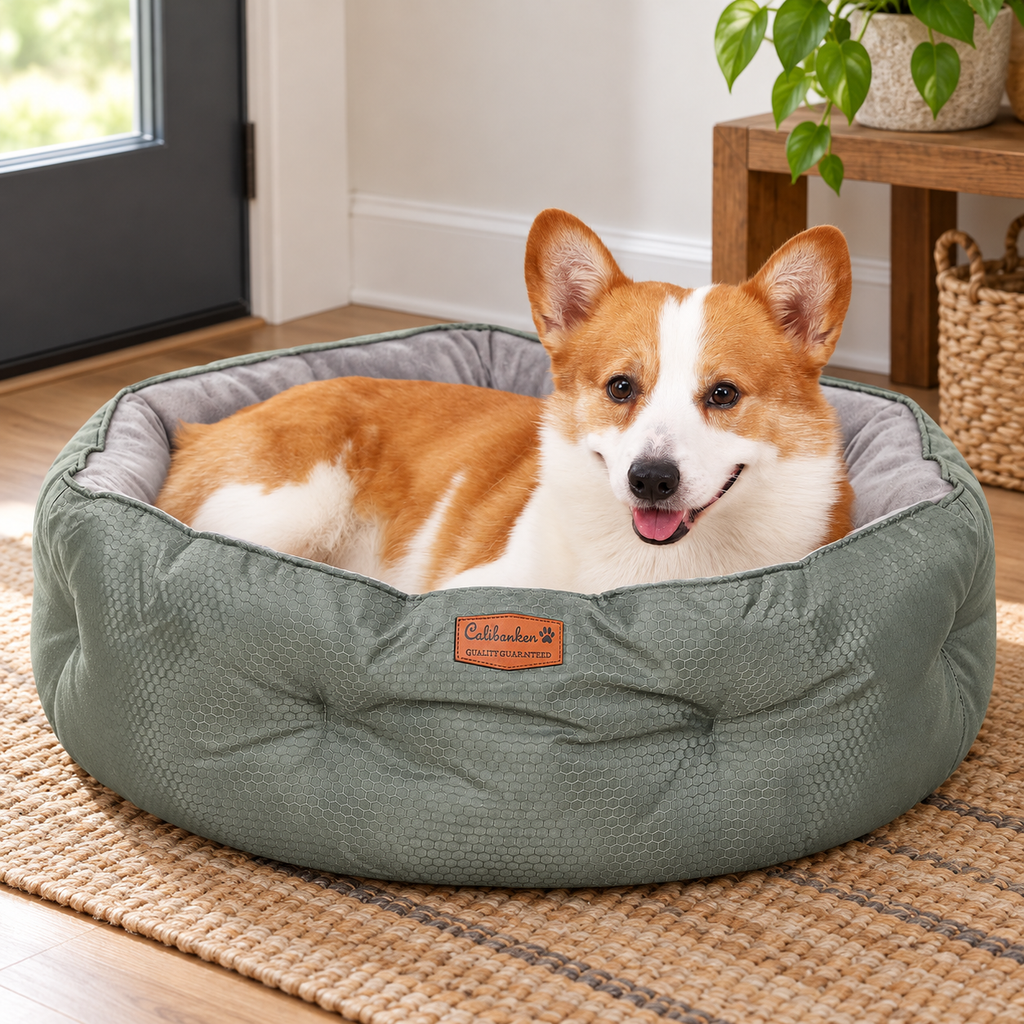 Dual-Sided Round Dog & Cat Bed with Non-Slip Base – Washable, Grey — Natural home setting
