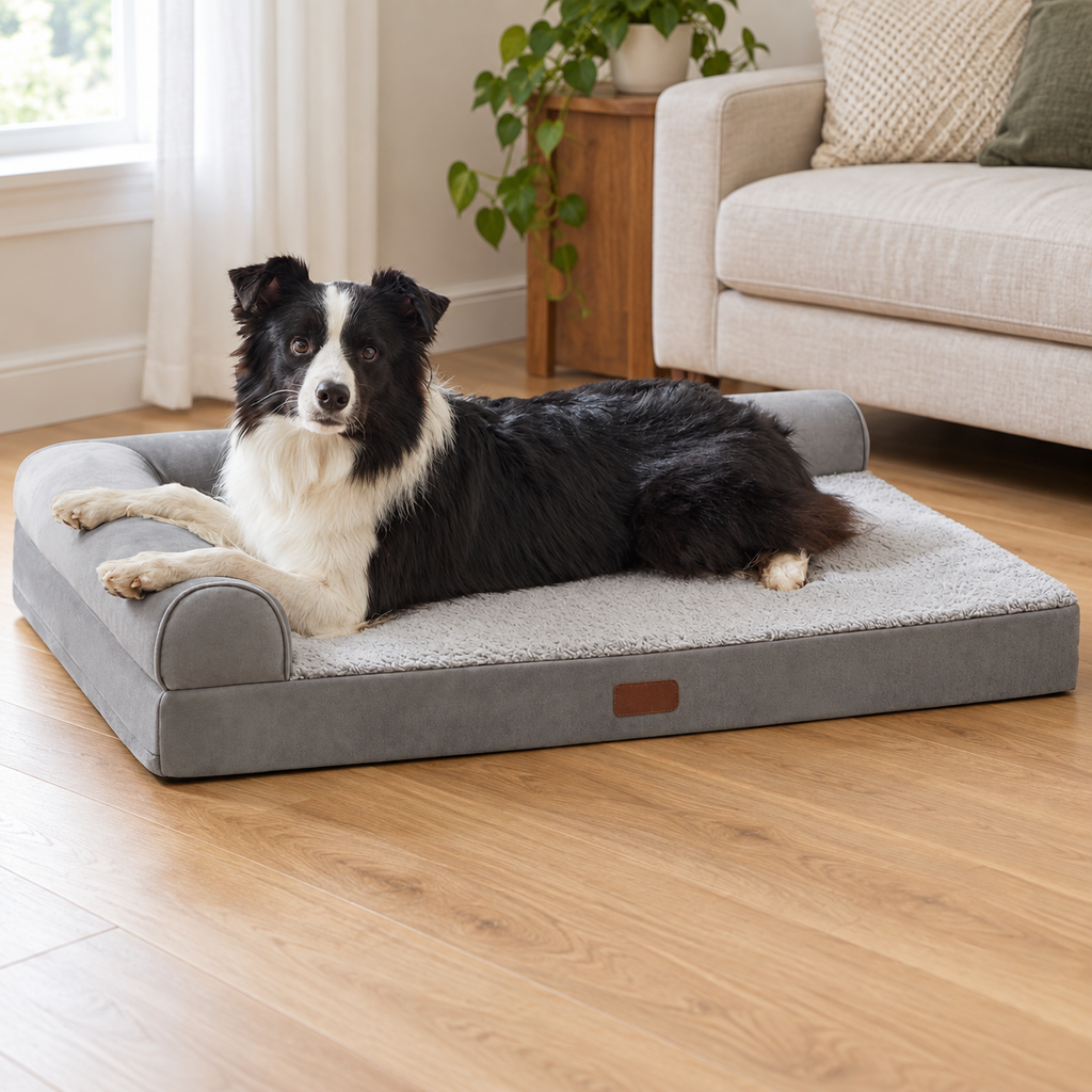 Large L-Shaped Orthopedic Memory Foam Dog Bed with Removable Washable Cover — Natural home setting
