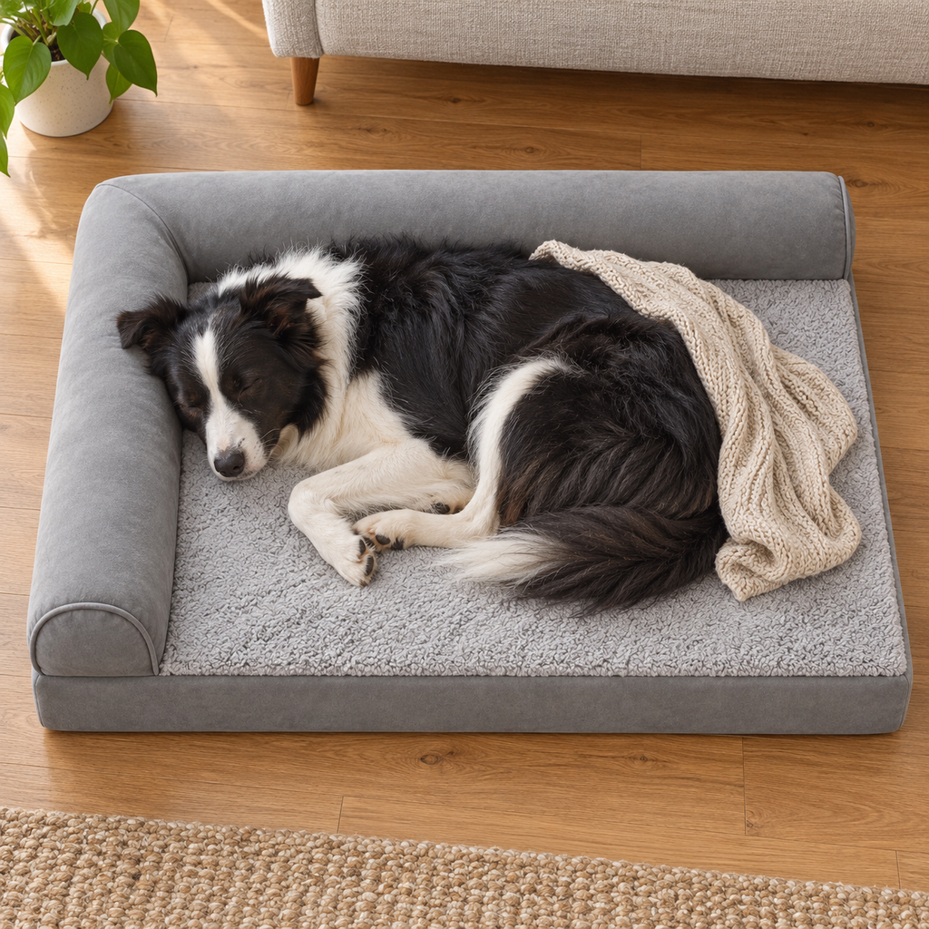 Large L-Shaped Orthopedic Memory Foam Dog Bed with Removable Washable Cover — Sleeping dog with blanket