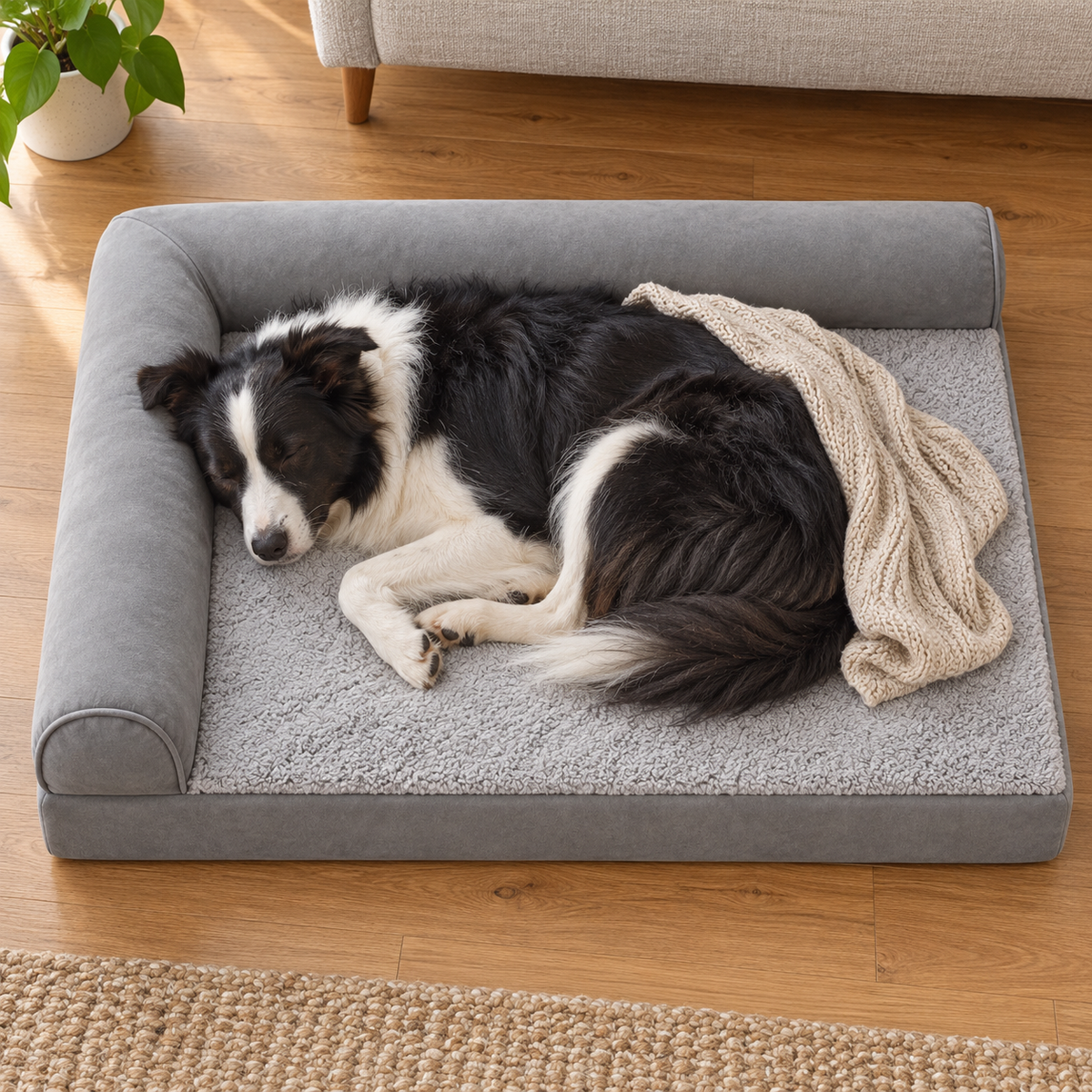 Large L-Shaped Orthopedic Memory Foam Dog Bed with Removable Washable Cover — Sleeping dog with blanket