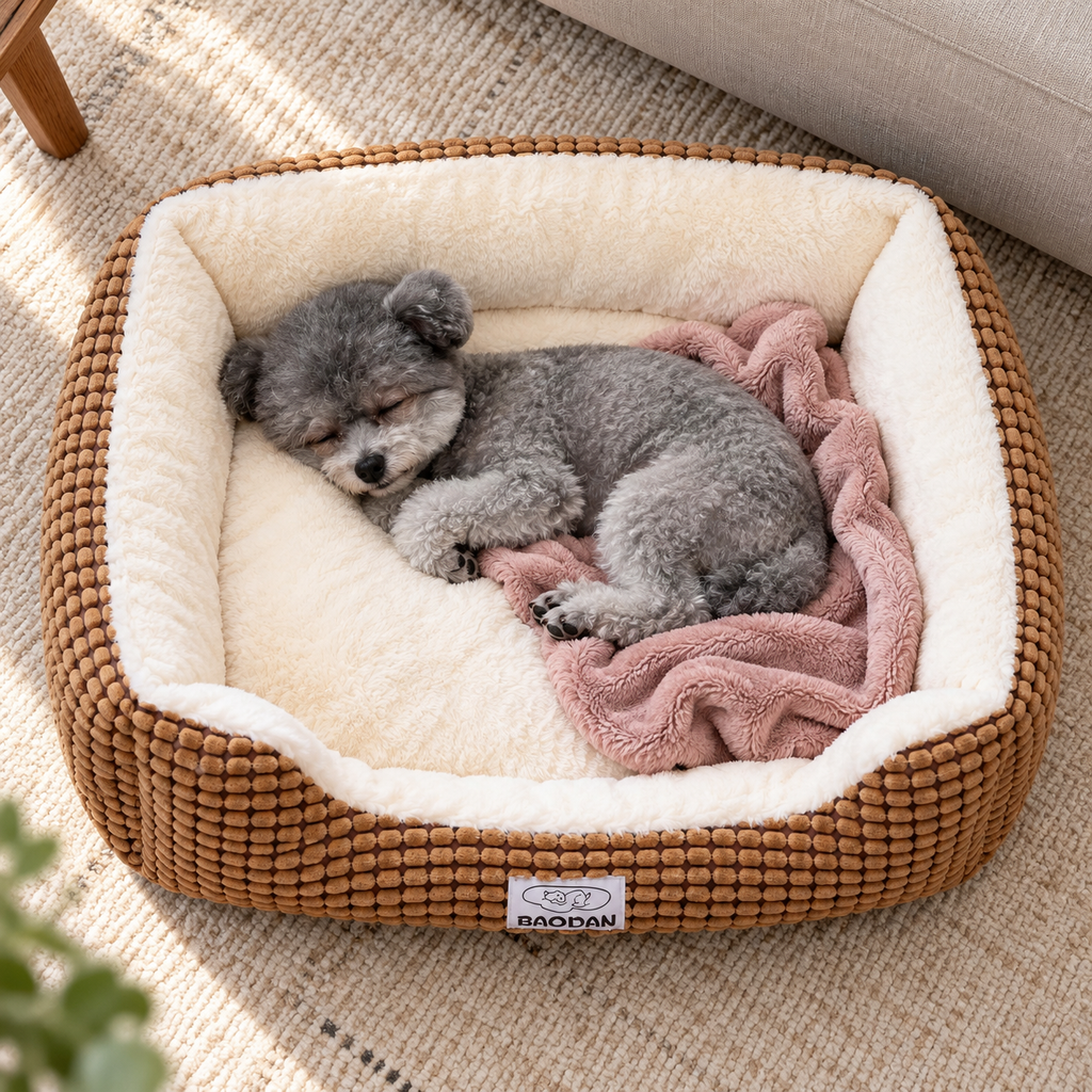 Baodan 25-Inch Extra-Soft Fluffy Dog & Cat Bed with Non-Slip Base – Machine Washable — Sleeping dog with blanket