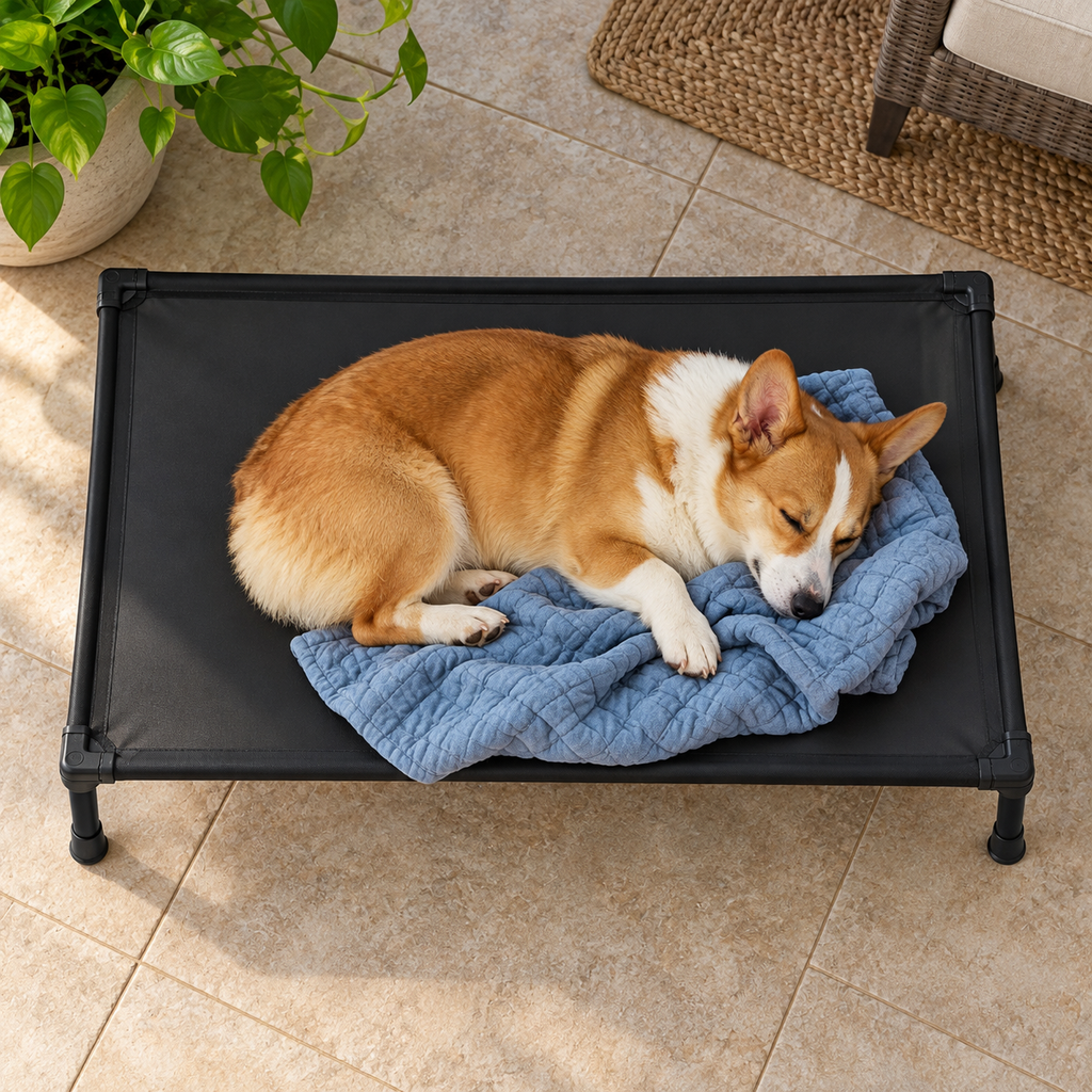 Veehoo Durable Elevated Dog Cot & Training Platform for Small and Medium Dogs — Sleeping dog