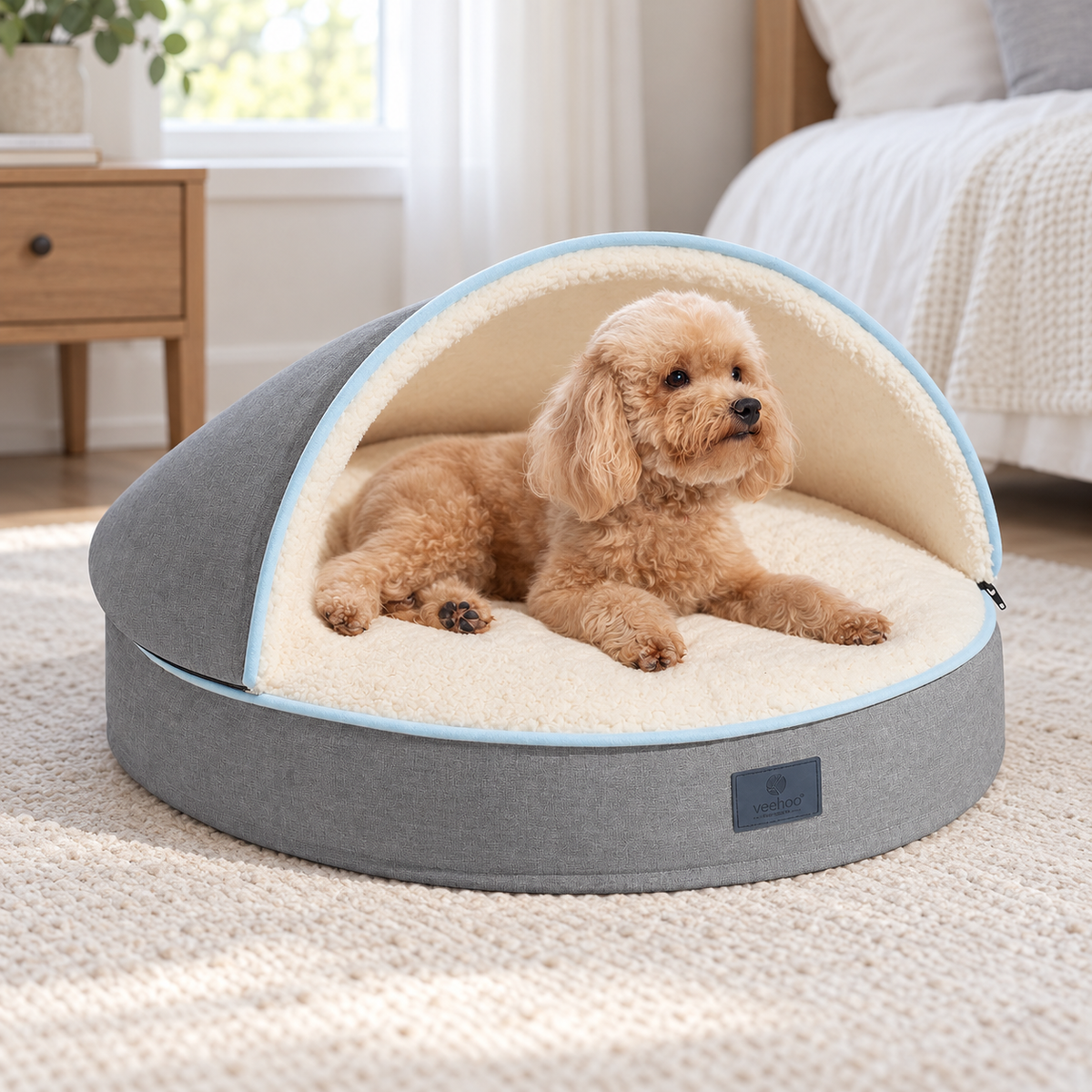 Veehoo 20-Inch Round Dog & Cat Cave Bed with Removable Hood & Washable Cover – Gray — Natural home setting