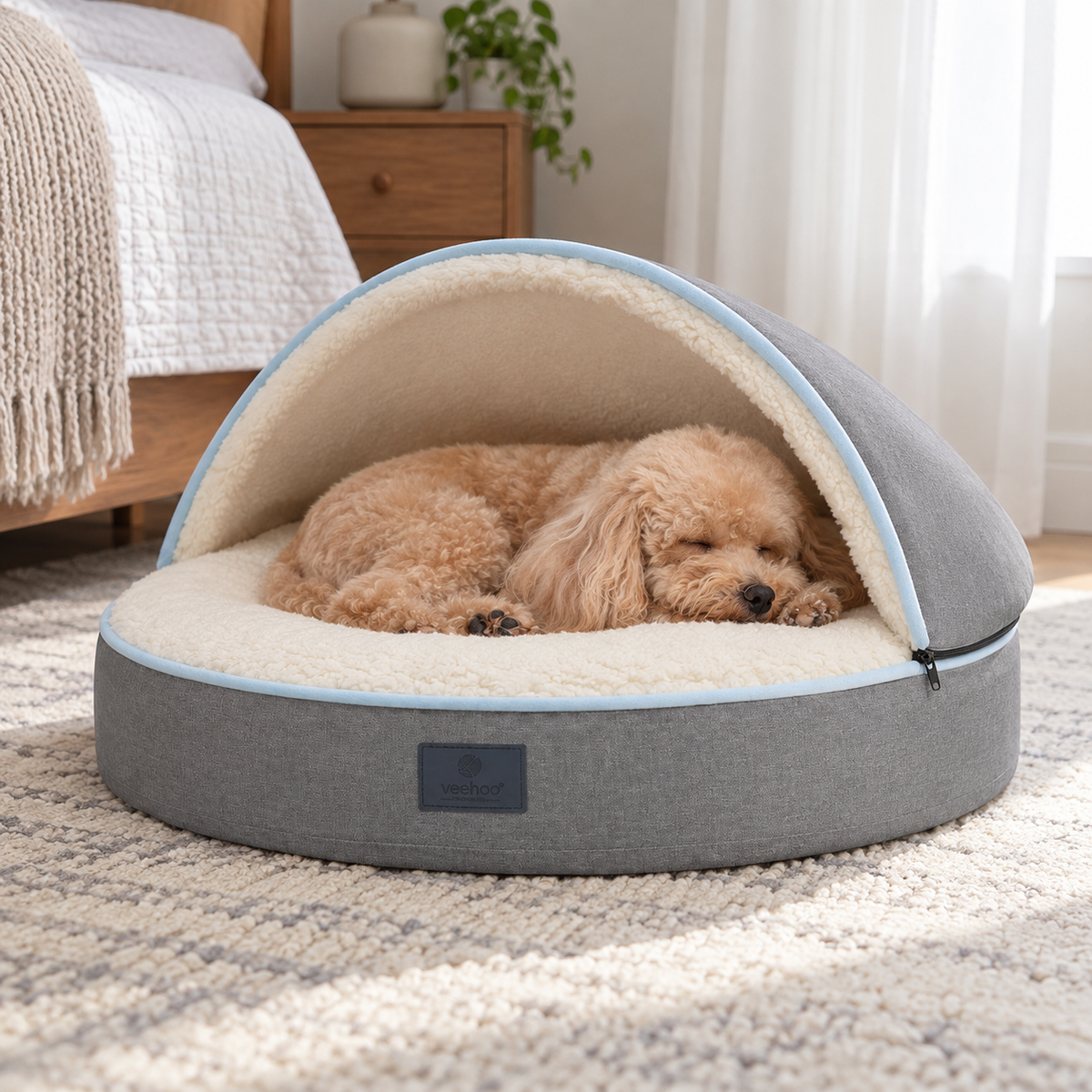 Veehoo 20-Inch Round Dog & Cat Cave Bed with Removable Hood & Washable Cover – Gray — Sleeping dog