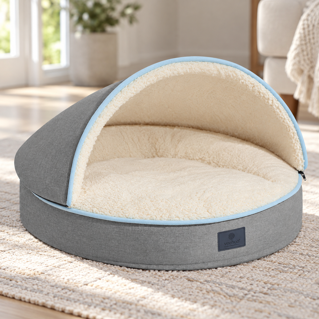 Veehoo 20-Inch Round Dog & Cat Cave Bed with Removable Hood & Washable Cover – Gray — Product close view