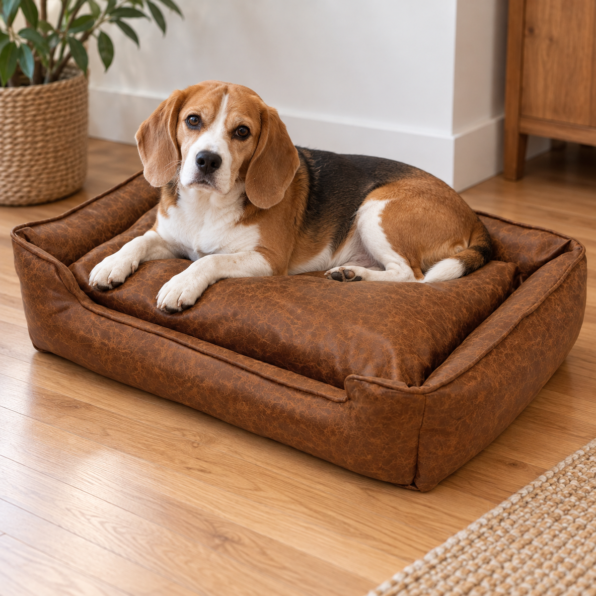 Jax & Bones Medium Faux Leather Lounge Dog Bed with Heavy-Duty Bolsters – Washable — Natural home setting