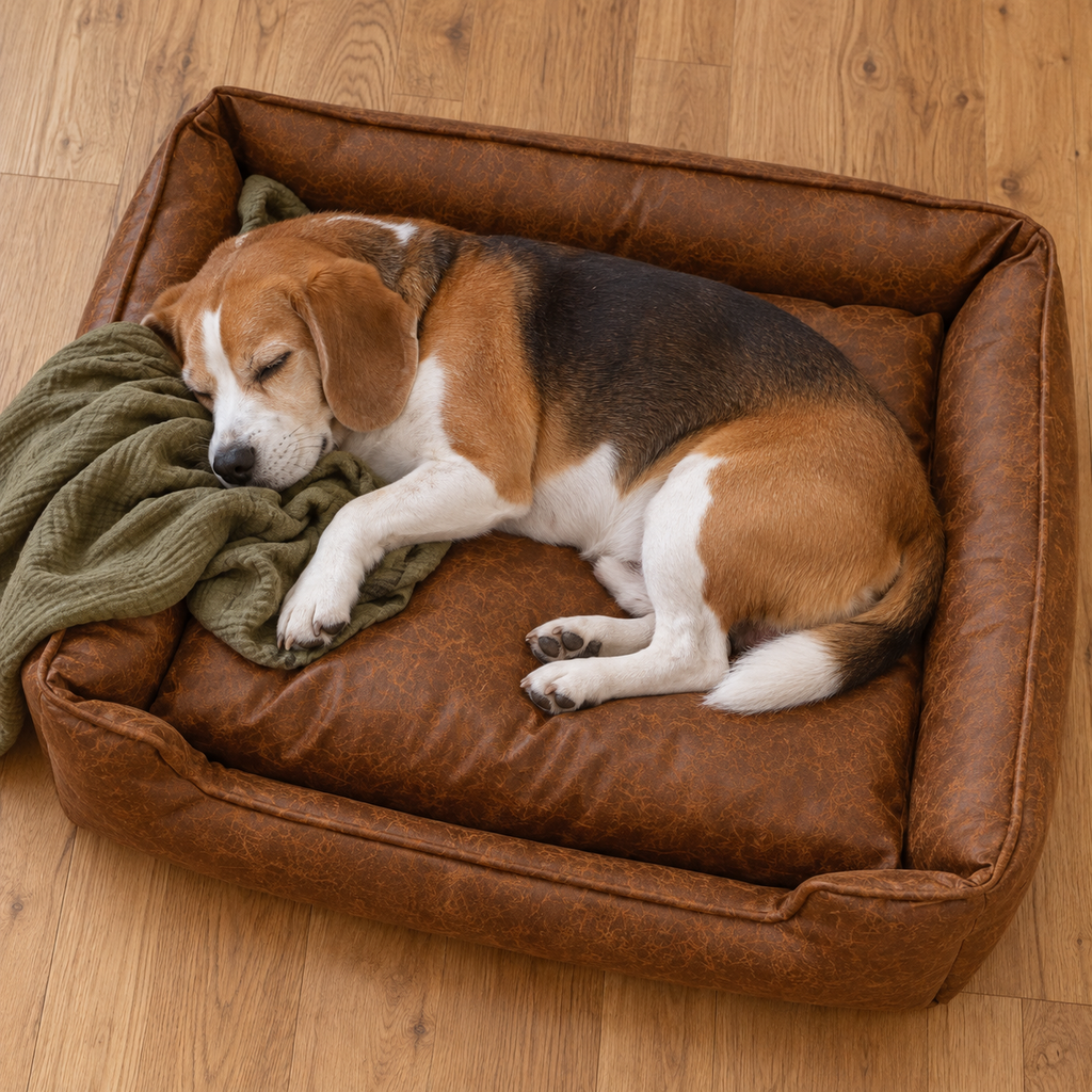 Jax & Bones Medium Faux Leather Lounge Dog Bed with Heavy-Duty Bolsters – Washable — Sleeping dog with blanket