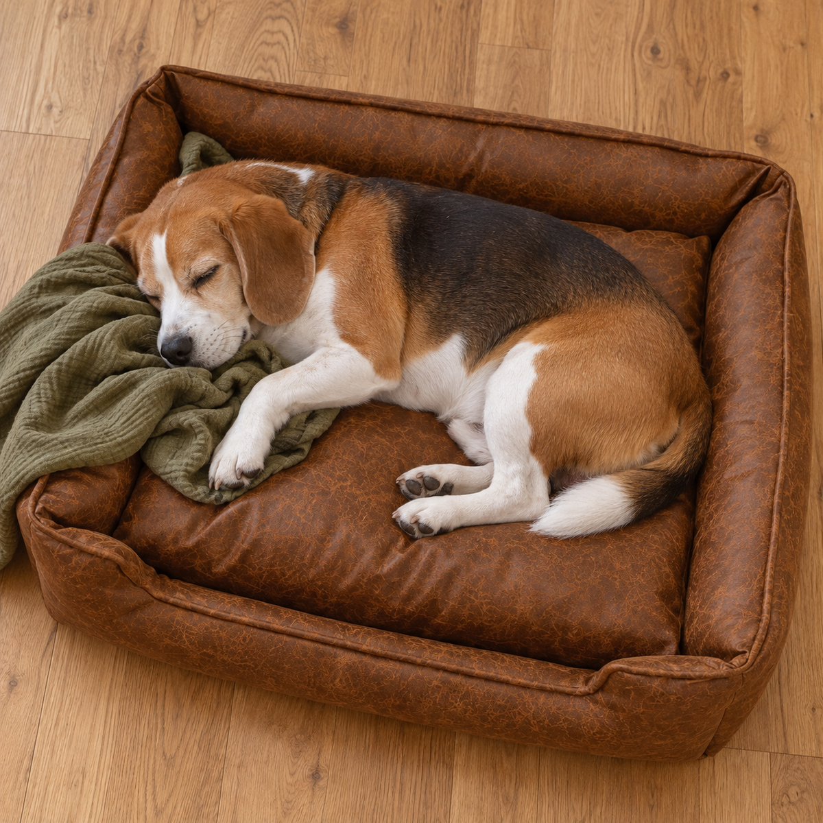 Jax & Bones Medium Faux Leather Lounge Dog Bed with Heavy-Duty Bolsters – Washable — Sleeping dog with blanket