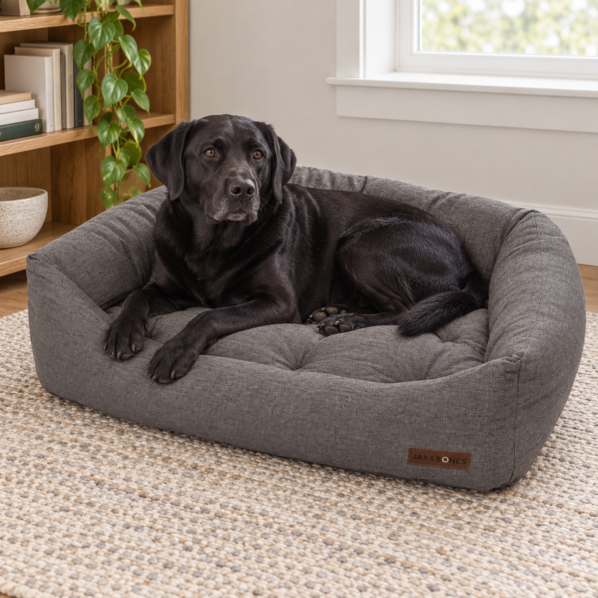 Jax & Bones Dog Bed Napper - Lark Graphite Machine Washable Bed for Dogs - Extra Heavy Duty Bolstered Sides - Large Grey Dog Mat Beds | 40 x 32 Inches — Natural home setting