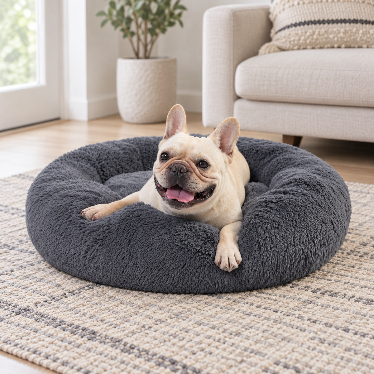 PuppyPalace 30-Inch Fluffy Faux Fur Donut Dog Bed with Removable Washable Cover – Dark Grey, Medium — Natural home setting