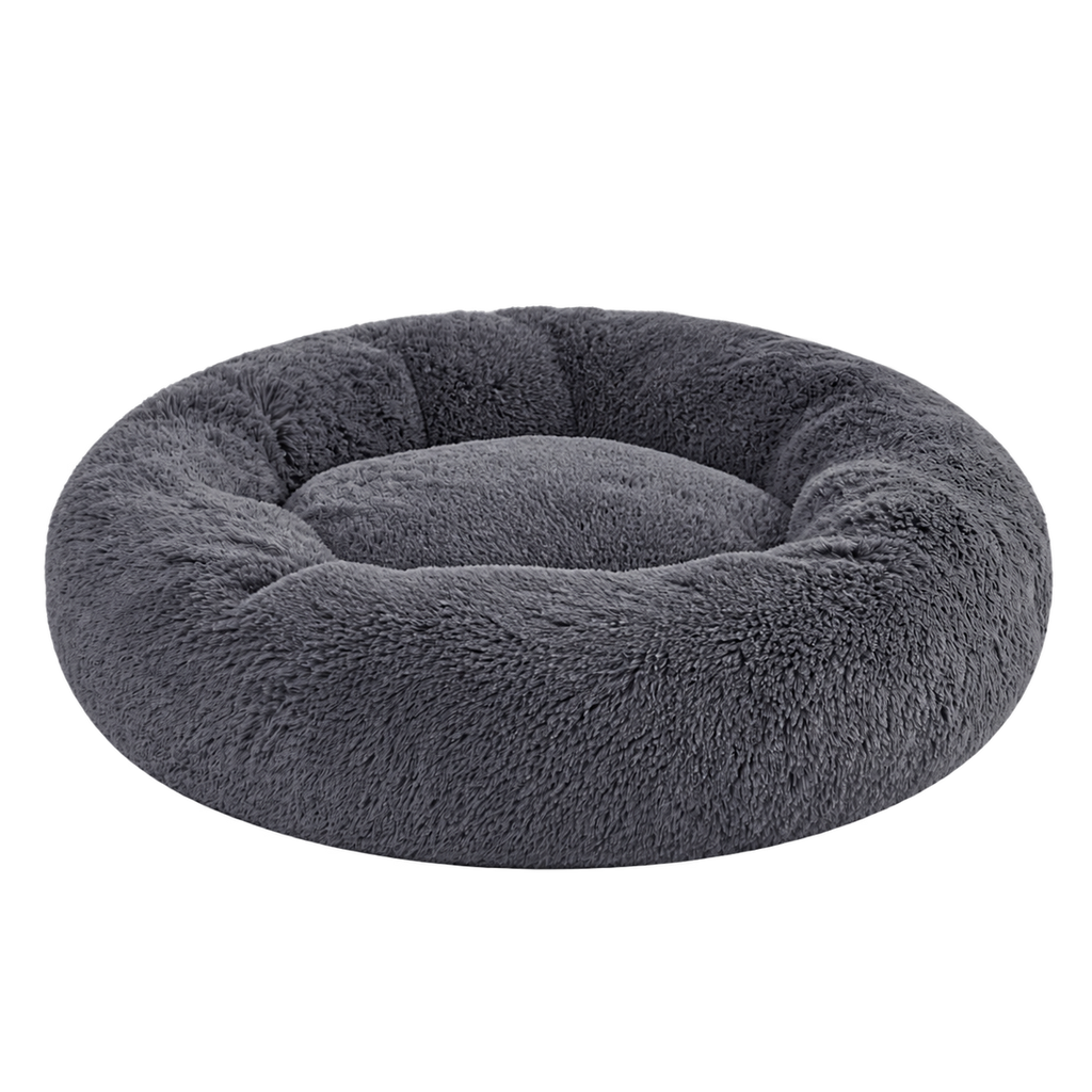 PuppyPalace 30-Inch Fluffy Faux Fur Donut Dog Bed with Removable Washable Cover – Dark Grey, Medium — Product detail on transparent background