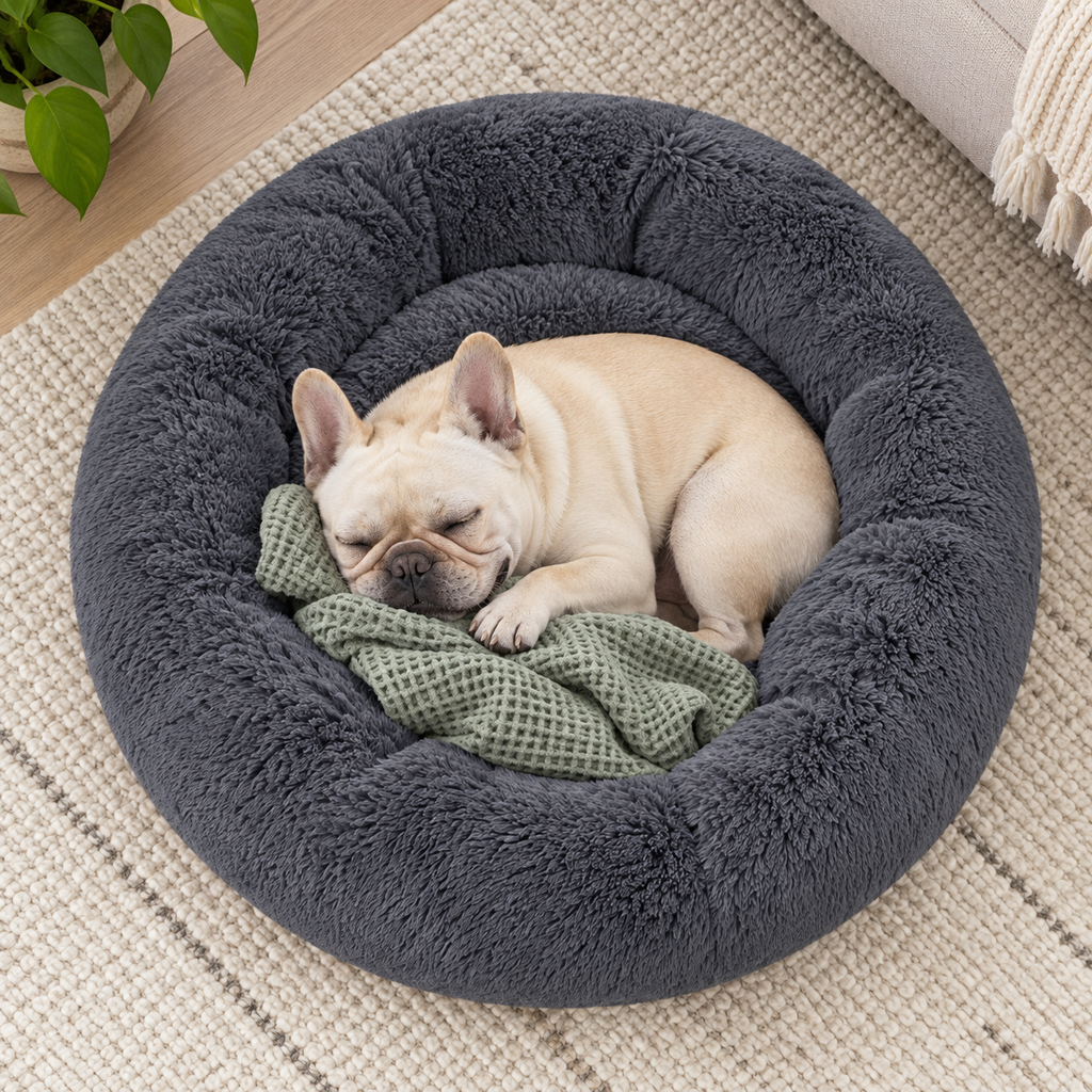 PuppyPalace 30-Inch Fluffy Faux Fur Donut Dog Bed with Removable Washable Cover – Dark Grey, Medium — Sleeping dog with blanket