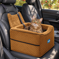 Aupures Adjustable-Height Pet Booster Car Seat with Removable Cushion – Brown, Under 40 lbs – with cat in a car