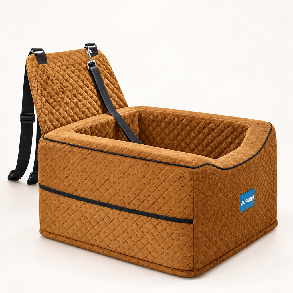 Aupures Adjustable-Height Pet Booster Car Seat with Removable Cushion – Brown, Under 40 lbs – product detail