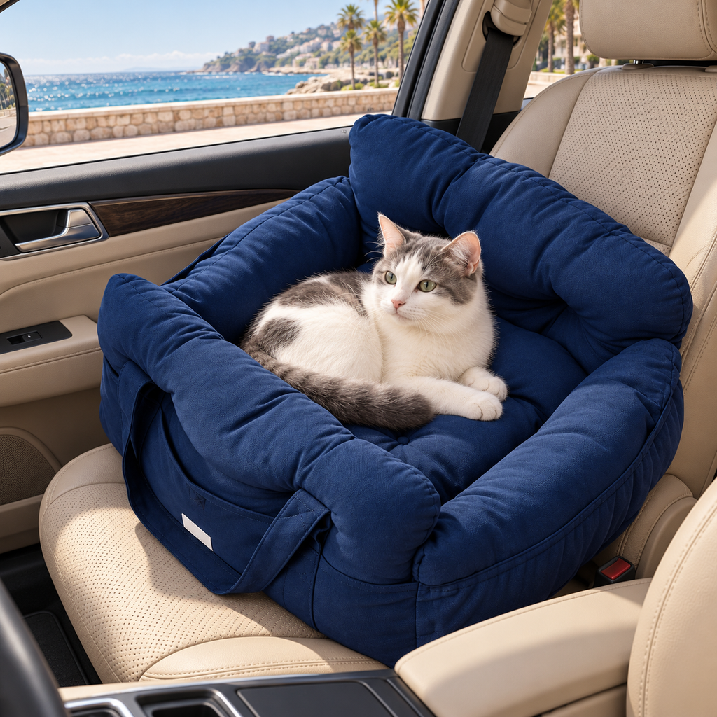 Cushioned Pet Car Seat Bed with Adjustable Straps – with cat in a car