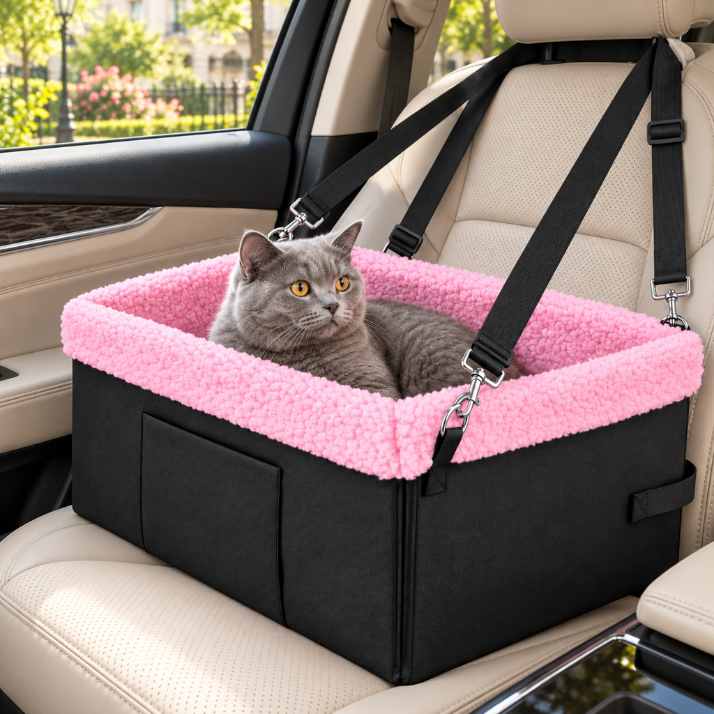 Novolab Foldable Pet Booster Car Seat with Metal Frame – Pink, Up to 30 lbs – with cat in a car