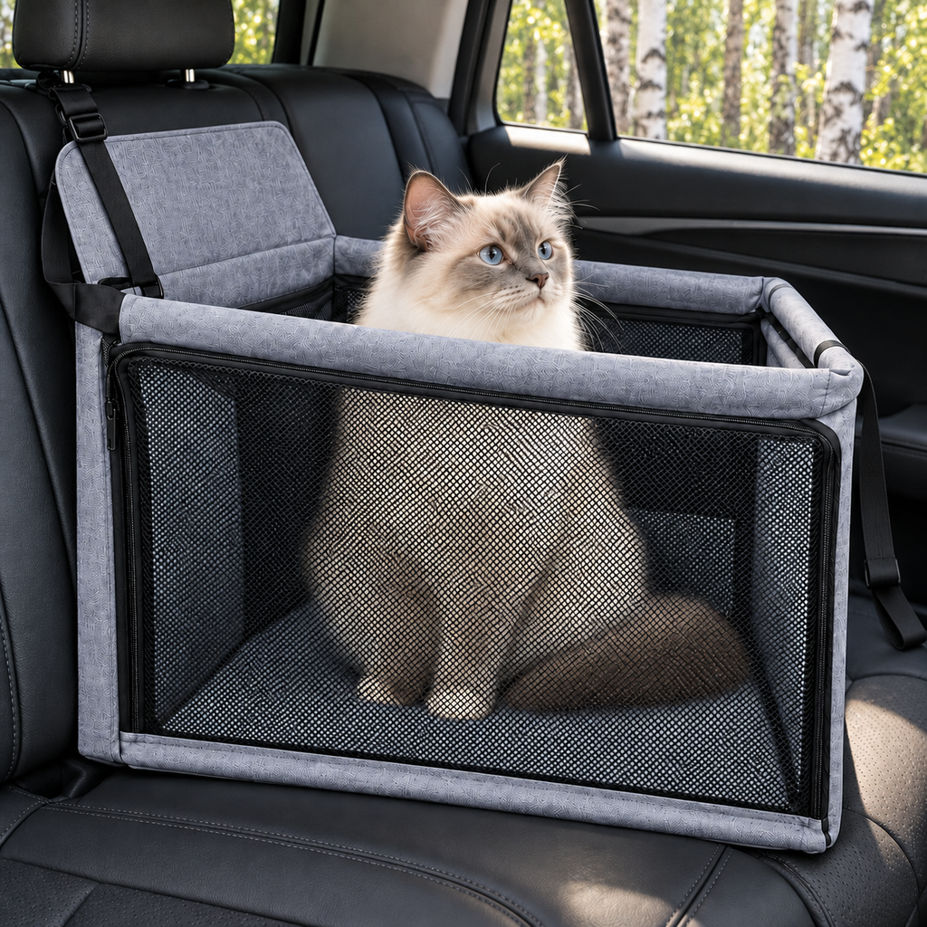 Oxford & Mesh Pet Car Seat with Support Frame – Grey, Up to 35 lbs – with cat in a car