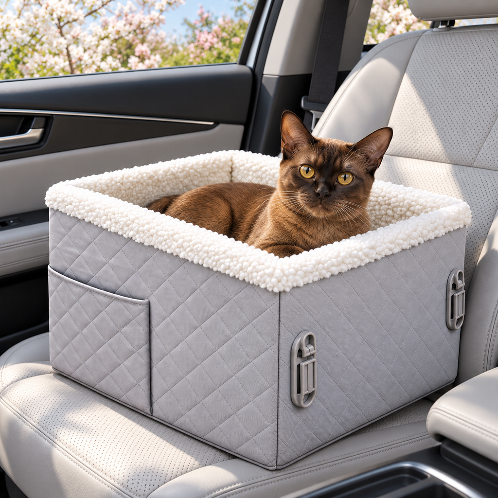 PETSFIT Adjustable-Height Foam Pet Booster Seat – Grey, Up to 30 lbs – with cat in a car