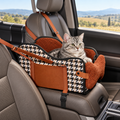 TKYZ Center Console Pet Car Seat with Houndstooth Sides – Brown – with cat in a car
