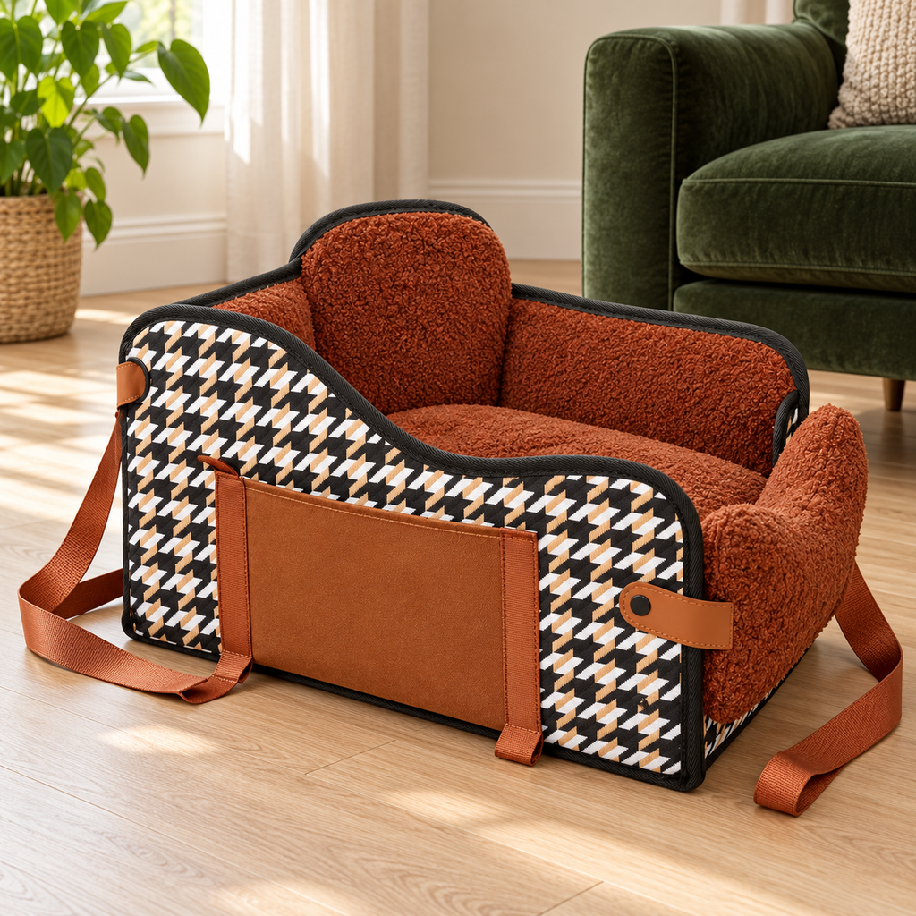 TKYZ Center Console Pet Car Seat with Houndstooth Sides – Brown – product detail