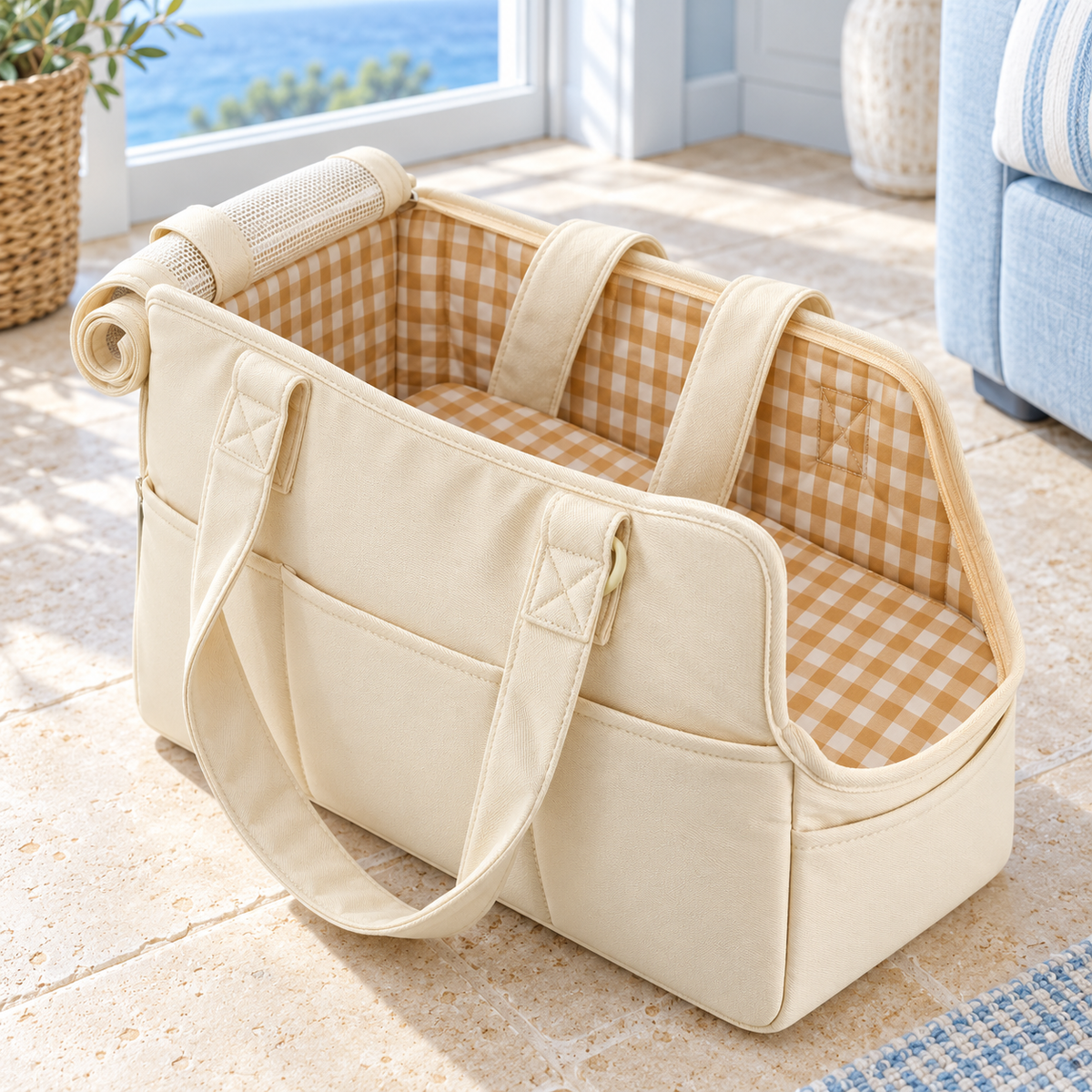 Gingham lining and base inside the empty ONECUTE tote