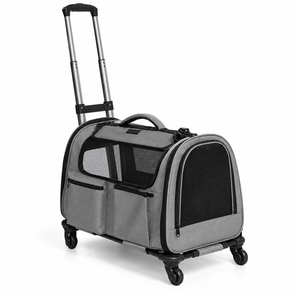 Empty grey pet carrier on wheeled base against white background